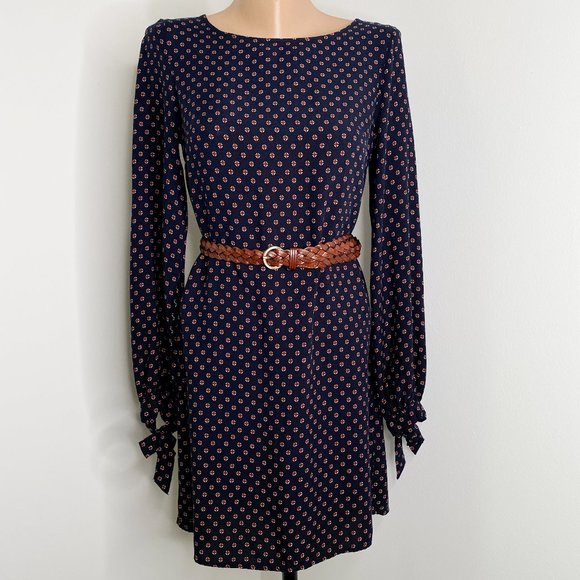 H&M Navy blue Cross Pattern Shift Dress w/ long tie sleeves sz 4 Vintage Retro - Picture 1 of 8